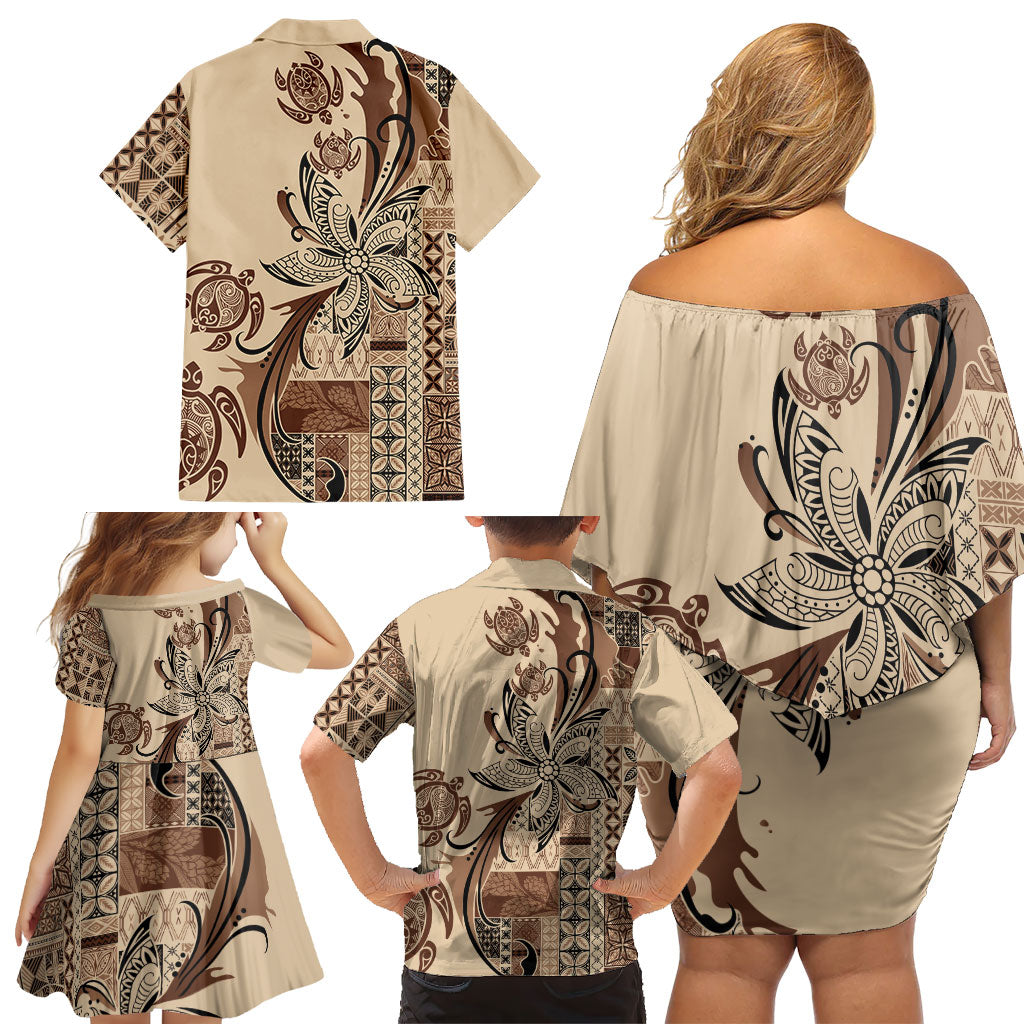 Talofa Samoa Mamanu Siapo Mix Malu Family Matching Off Shoulder Short Dress and Hawaiian Shirt Classic Beige Frangipani and Turtles LT7 - Polynesian Pride