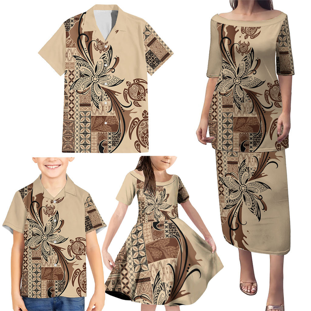Talofa Samoa Mamanu Siapo Mix Malu Family Matching Puletasi and Hawaiian Shirt Classic Beige Frangipani and Turtles LT7 - Polynesian Pride