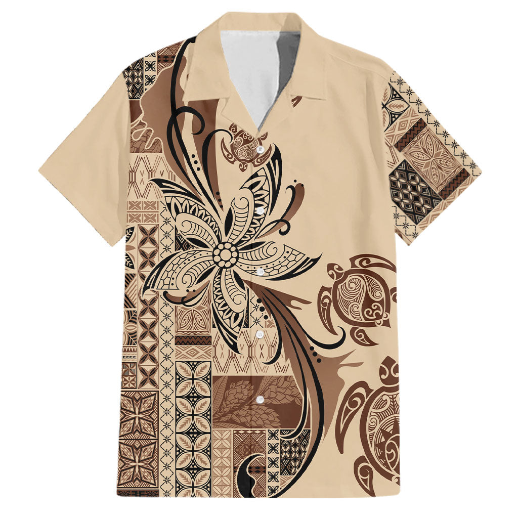 Talofa Samoa Mamanu Siapo Mix Malu Family Matching Puletasi and Hawaiian Shirt Classic Beige Frangipani and Turtles LT7 Dad's Shirt - Short Sleeve Beige - Polynesian Pride