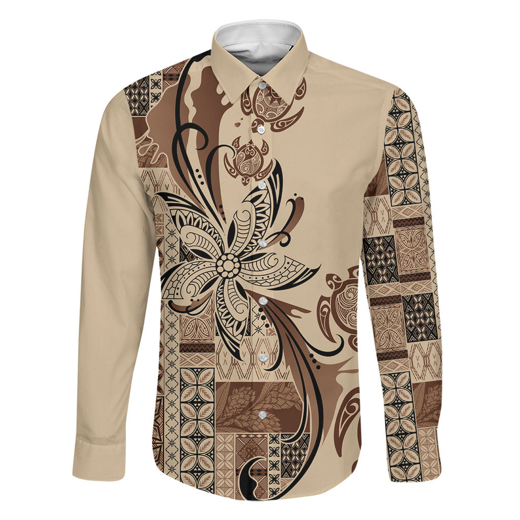 Talofa Samoa Mamanu Siapo Mix Malu Family Matching Puletasi and Hawaiian Shirt Classic Beige Frangipani and Turtles LT7 Dad's Shirt - Long Sleeve Beige - Polynesian Pride