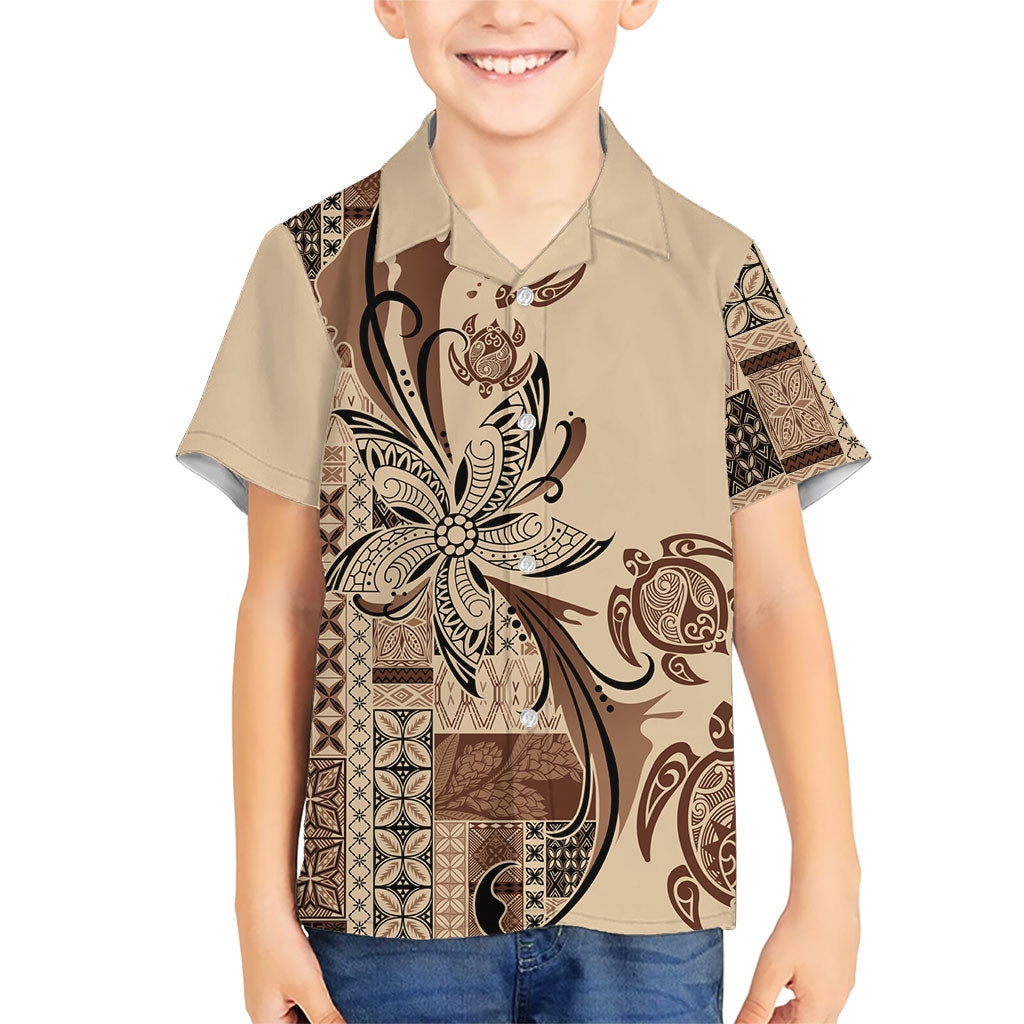 Talofa Samoa Mamanu Siapo Mix Malu Family Matching Summer Maxi Dress and Hawaiian Shirt Classic Beige Frangipani and Turtles LT7 Son's Shirt Beige - Polynesian Pride