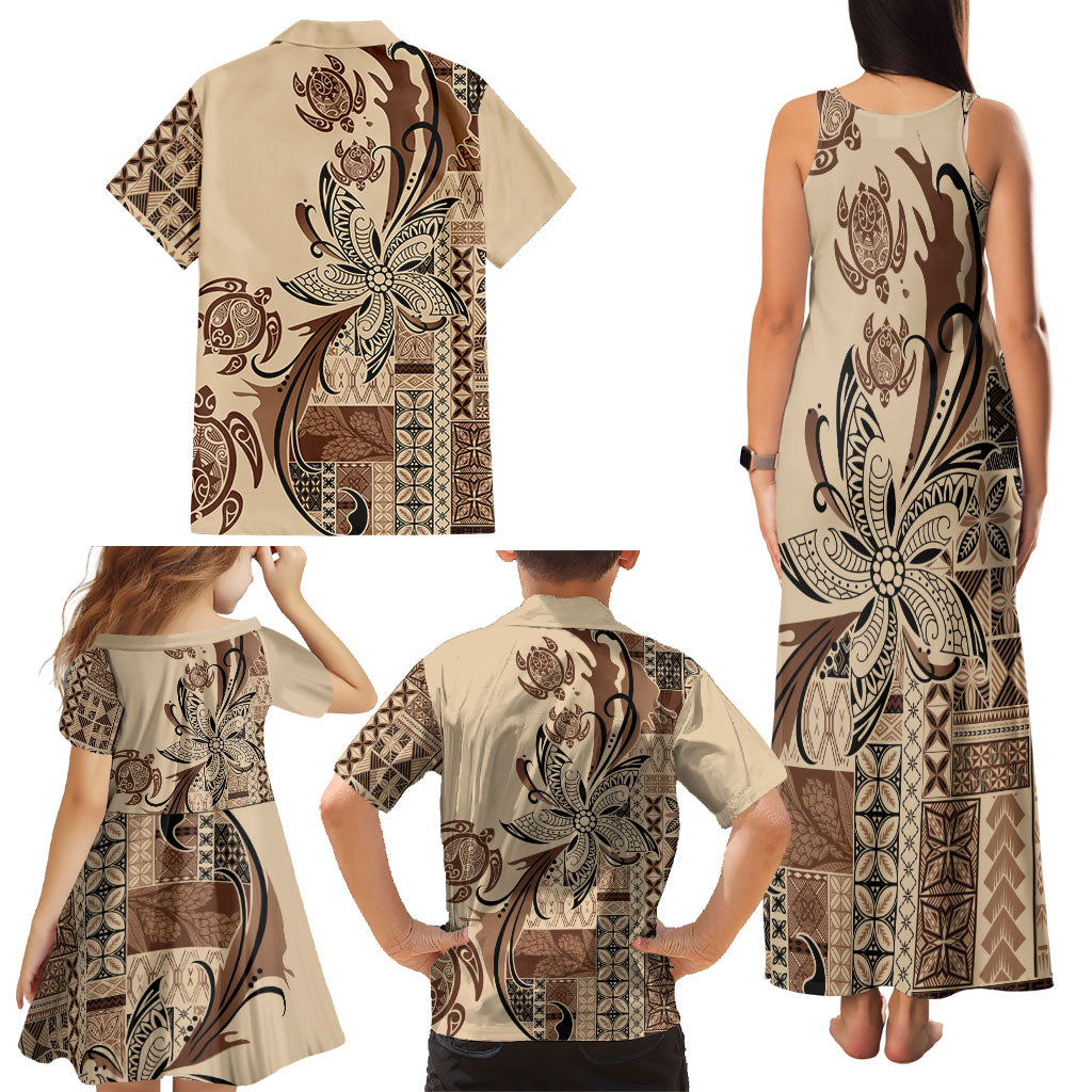 Talofa Samoa Mamanu Siapo Mix Malu Family Matching Tank Maxi Dress and Hawaiian Shirt Classic Beige Frangipani and Turtles LT7 - Polynesian Pride