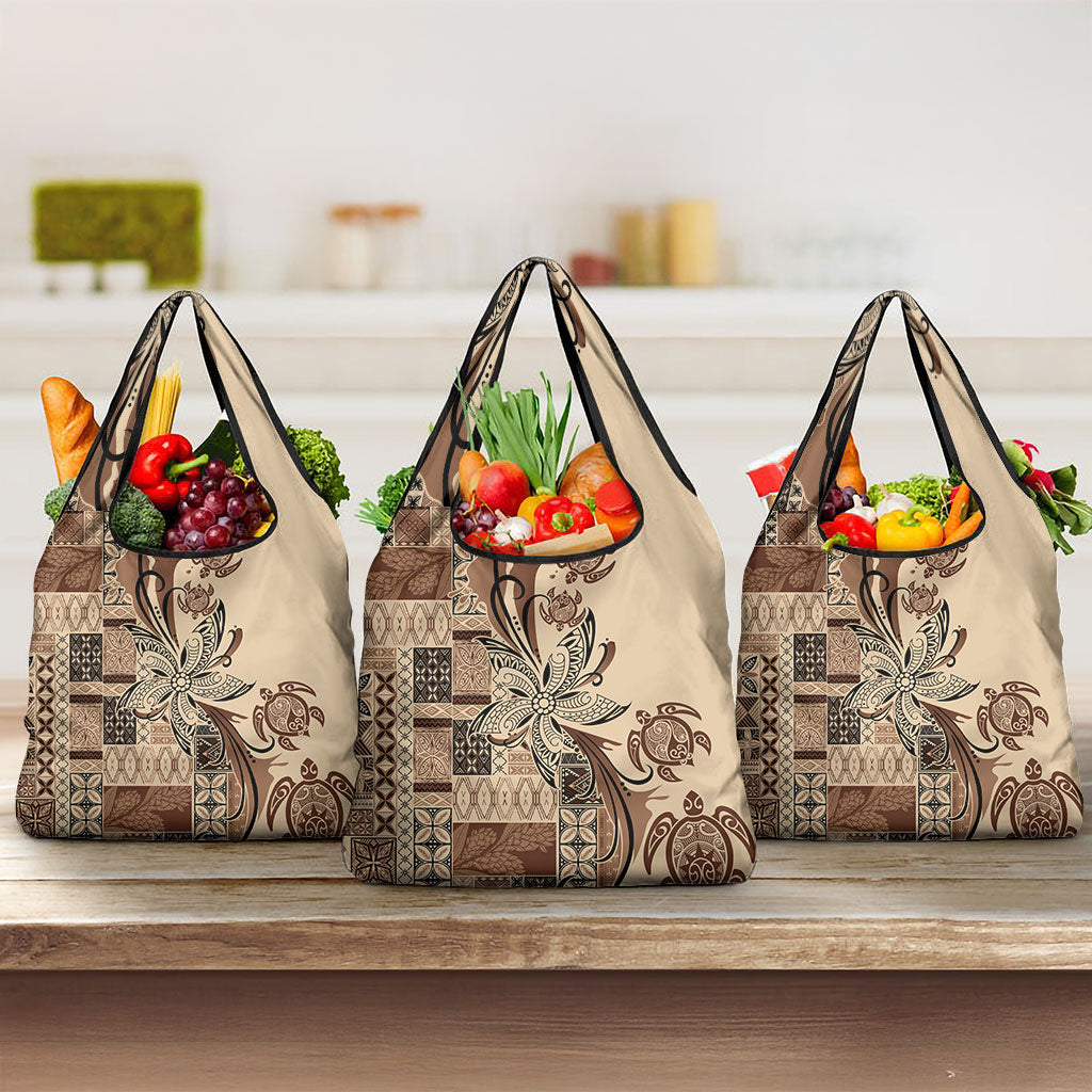Talofa Samoa Mamanu Siapo Mix Malu Grocery Bag Classic Beige Frangipani and Turtles