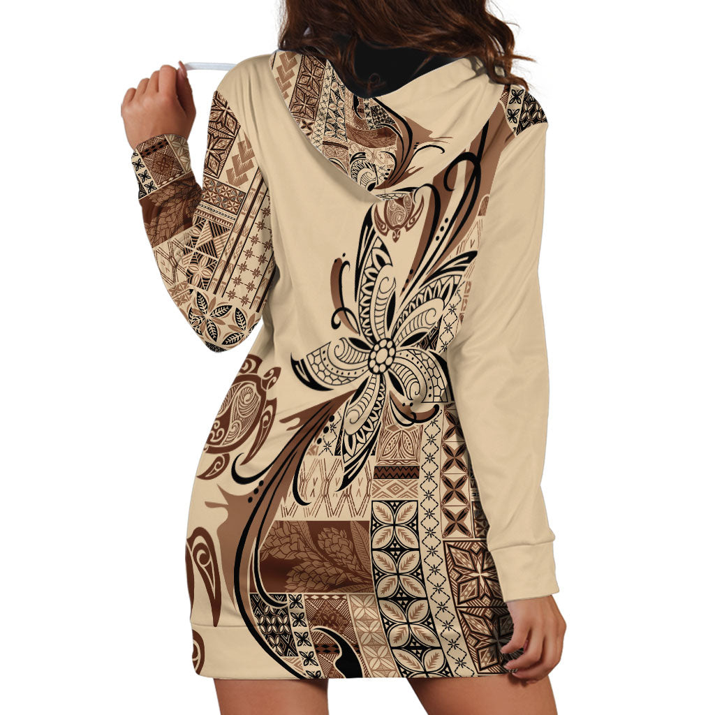 Talofa Samoa Mamanu Siapo Mix Malu Hoodie Dress Classic Beige Frangipani and Turtles