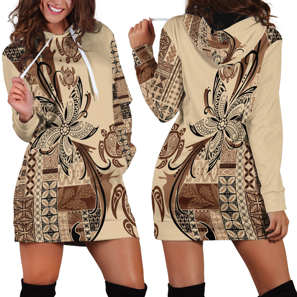 Talofa Samoa Mamanu Siapo Mix Malu Hoodie Dress Classic Beige Frangipani and Turtles
