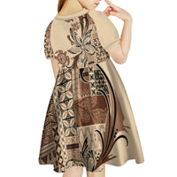 Talofa Samoa Mamanu Siapo Mix Malu Kid Short Sleeve Dress Classic Beige Frangipani and Turtles