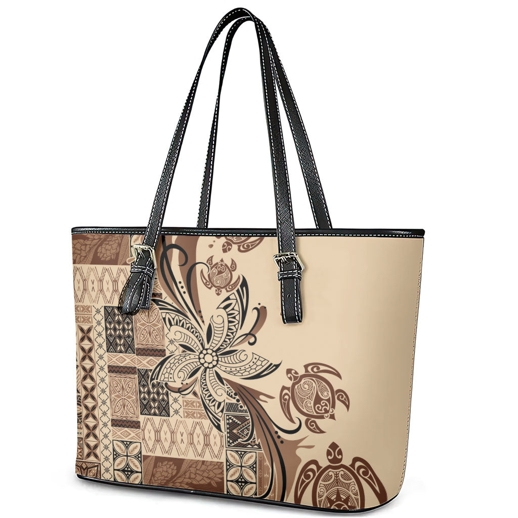Talofa Samoa Mamanu Siapo Mix Malu Leather Tote Bag Classic Beige Frangipani and Turtles