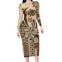 Talofa Samoa Mamanu Siapo Mix Malu Long Sleeve Bodycon Dress Classic Beige Frangipani and Turtles