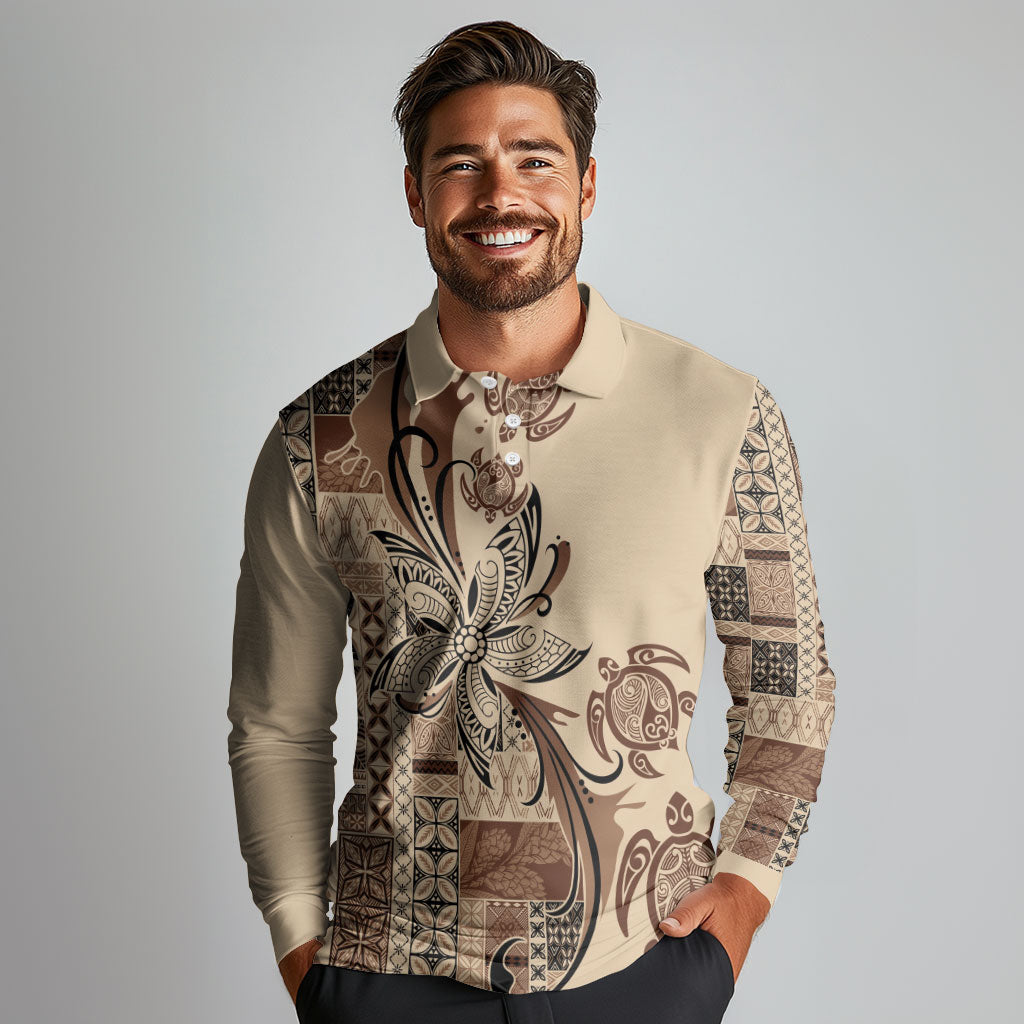 Talofa Samoa Mamanu Siapo Mix Malu Long Sleeve Polo Shirt Classic Beige Frangipani and Turtles