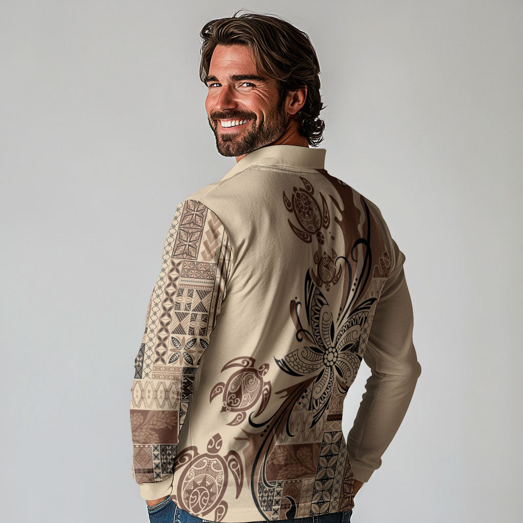 Talofa Samoa Mamanu Siapo Mix Malu Long Sleeve Polo Shirt Classic Beige Frangipani and Turtles