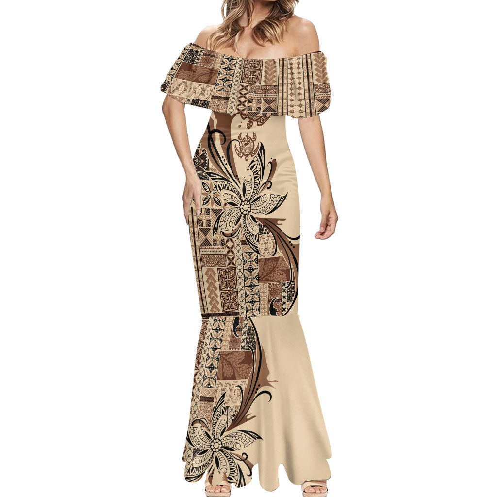Talofa Samoa Mamanu Siapo Mix Malu Mermaid Dress Classic Beige Frangipani and Turtles