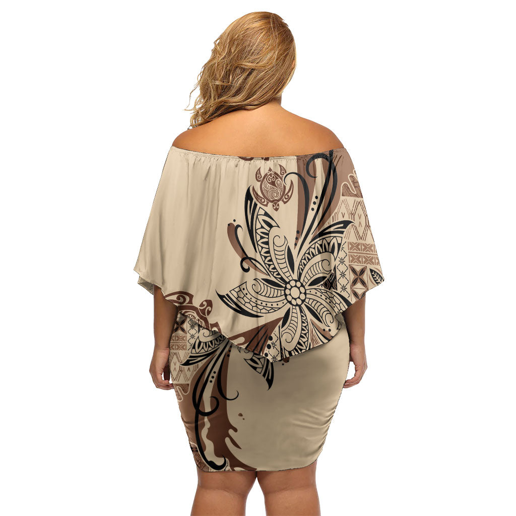 Talofa Samoa Mamanu Siapo Mix Malu Off Shoulder Short Dress Classic Beige Frangipani and Turtles LT7 - Polynesian Pride