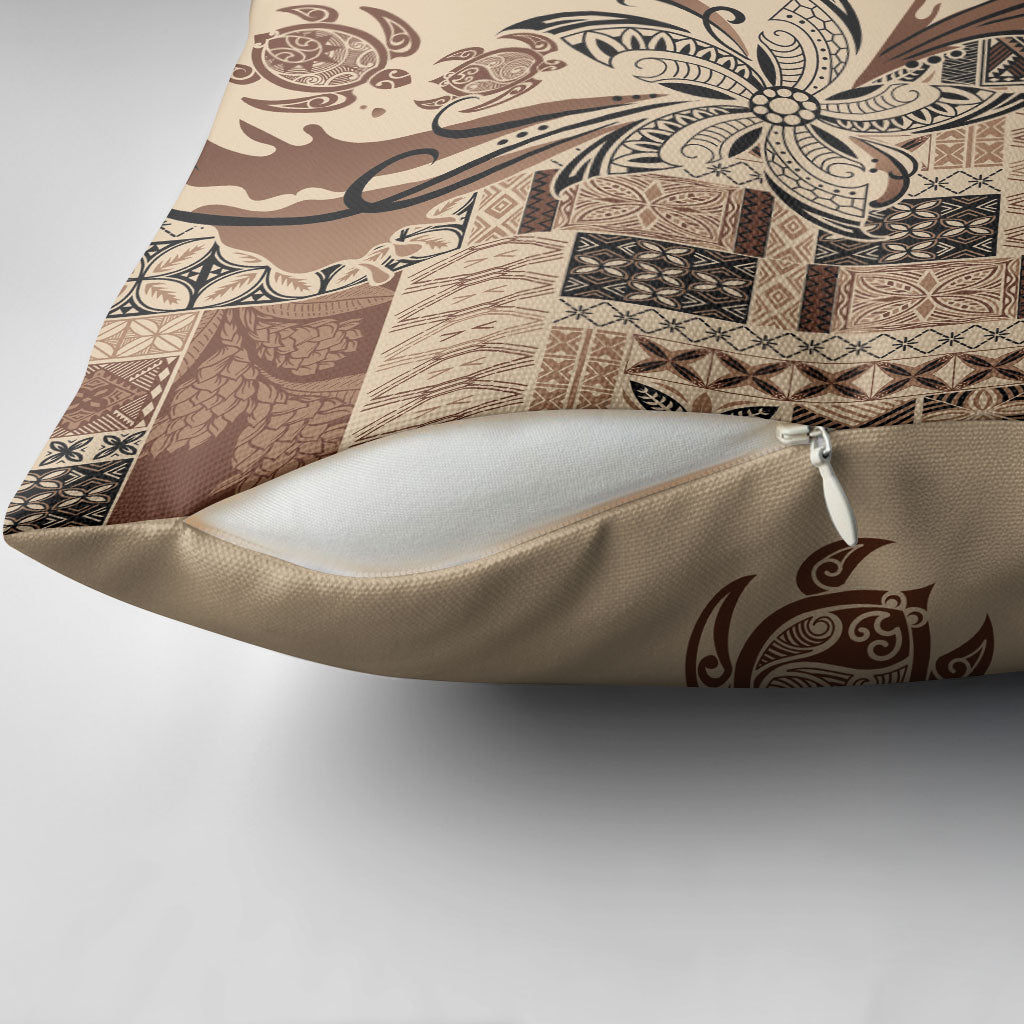 Talofa Samoa Mamanu Siapo Mix Malu Pillow Cover Classic Beige Frangipani and Turtles