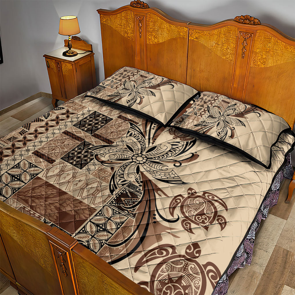 Talofa Samoa Mamanu Siapo Mix Malu Quilt Bed Set Classic Beige Frangipani and Turtles