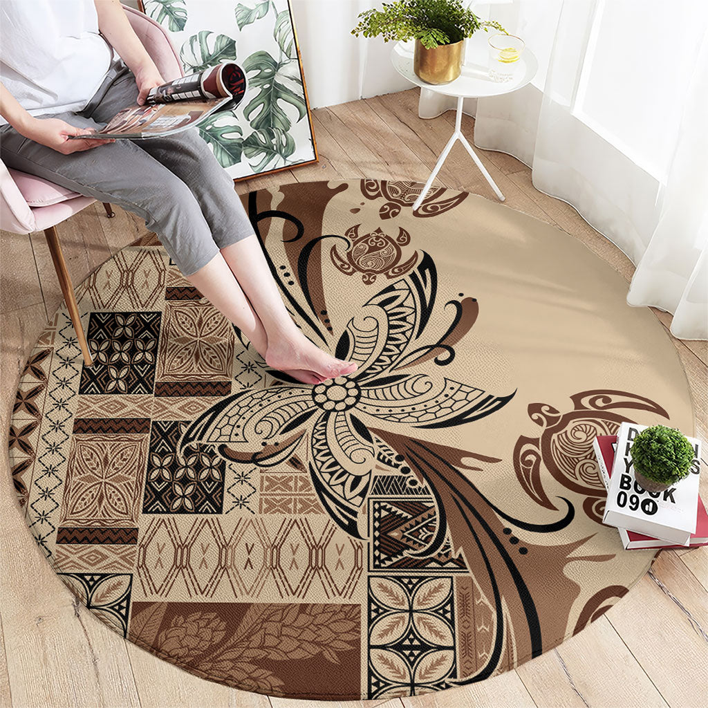 Talofa Samoa Mamanu Siapo Mix Malu Round Carpet Classic Beige Frangipani and Turtles