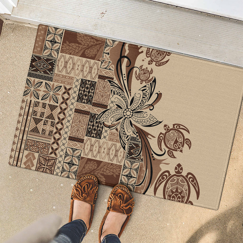 Talofa Samoa Mamanu Siapo Mix Malu Rubber Doormat Classic Beige Frangipani and Turtles