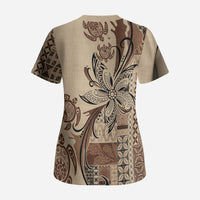 Talofa Samoa Mamanu Siapo Mix Malu Scrub Top Classic Beige Frangipani and Turtles