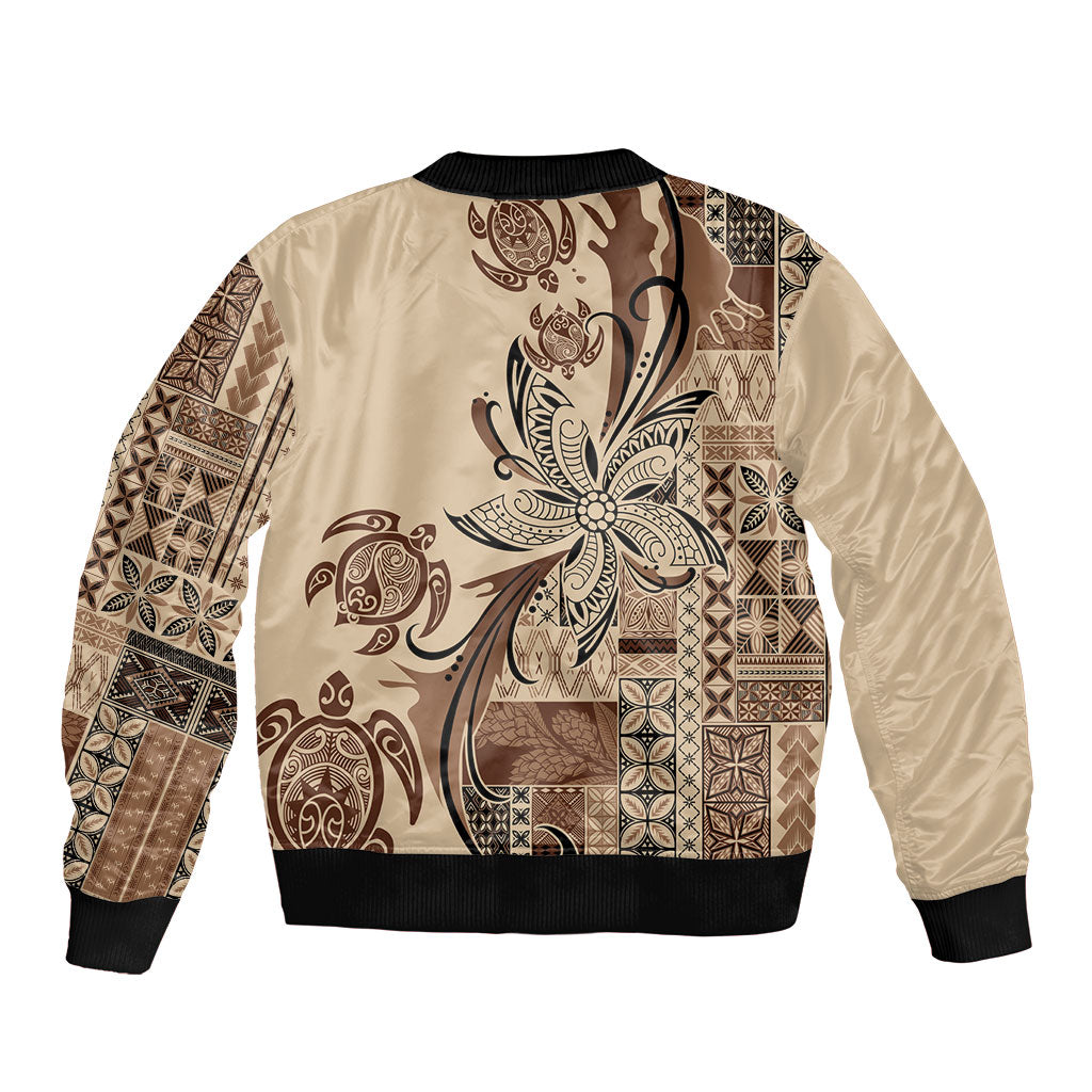 Talofa Samoa Mamanu Siapo Mix Malu Sleeve Zip Bomber Jacket Classic Beige Frangipani and Turtles
