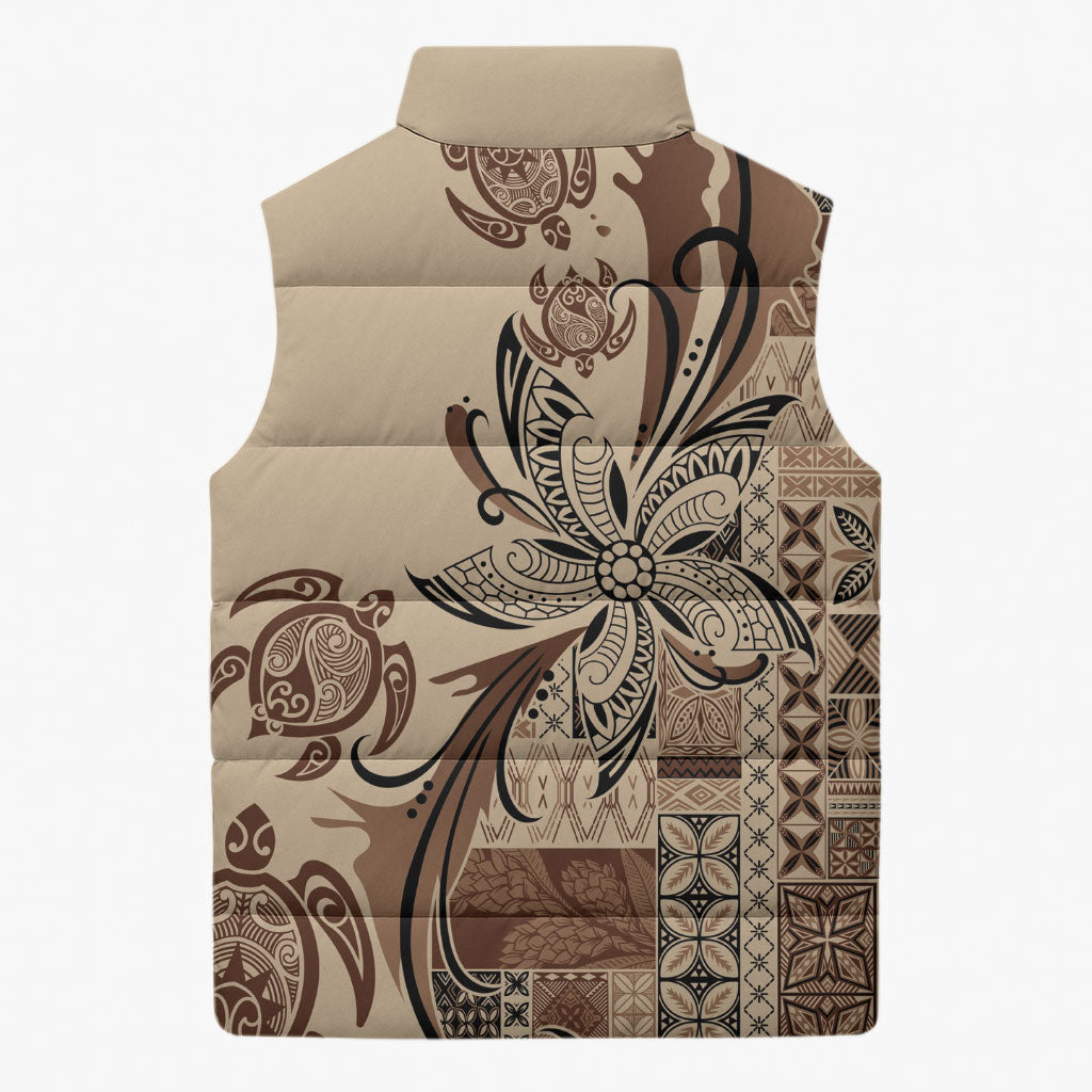 Talofa Samoa Mamanu Siapo Mix Malu Sleeveless Puffer Jacket Classic Beige Frangipani and Turtles