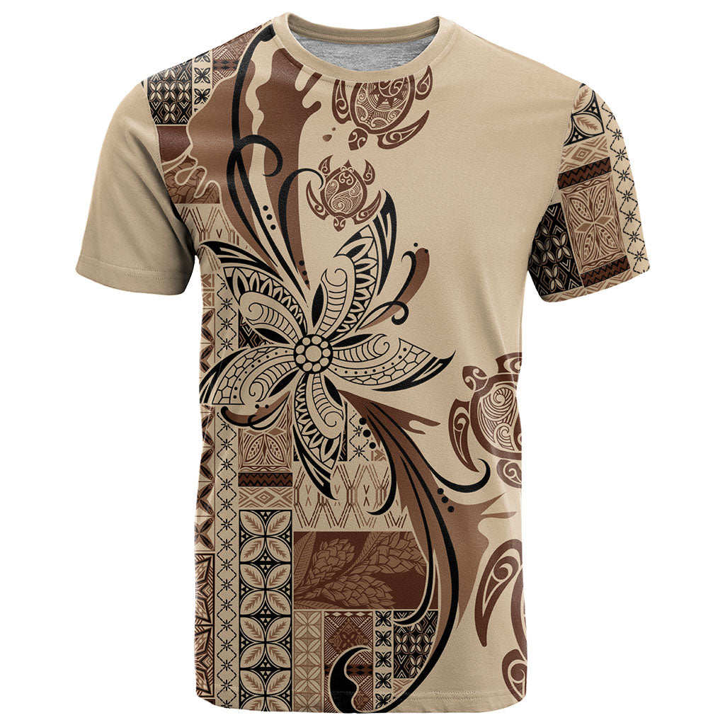 Talofa Samoa Mamanu Siapo Mix Malu T Shirt Classic Beige Frangipani and Turtles