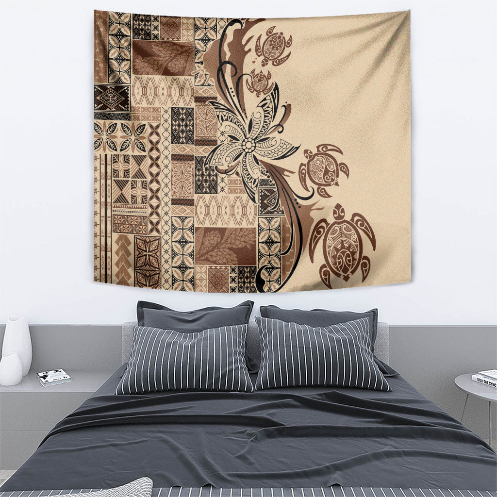 Talofa Samoa Mamanu Siapo Mix Malu Tapestry Classic Beige Frangipani and Turtles