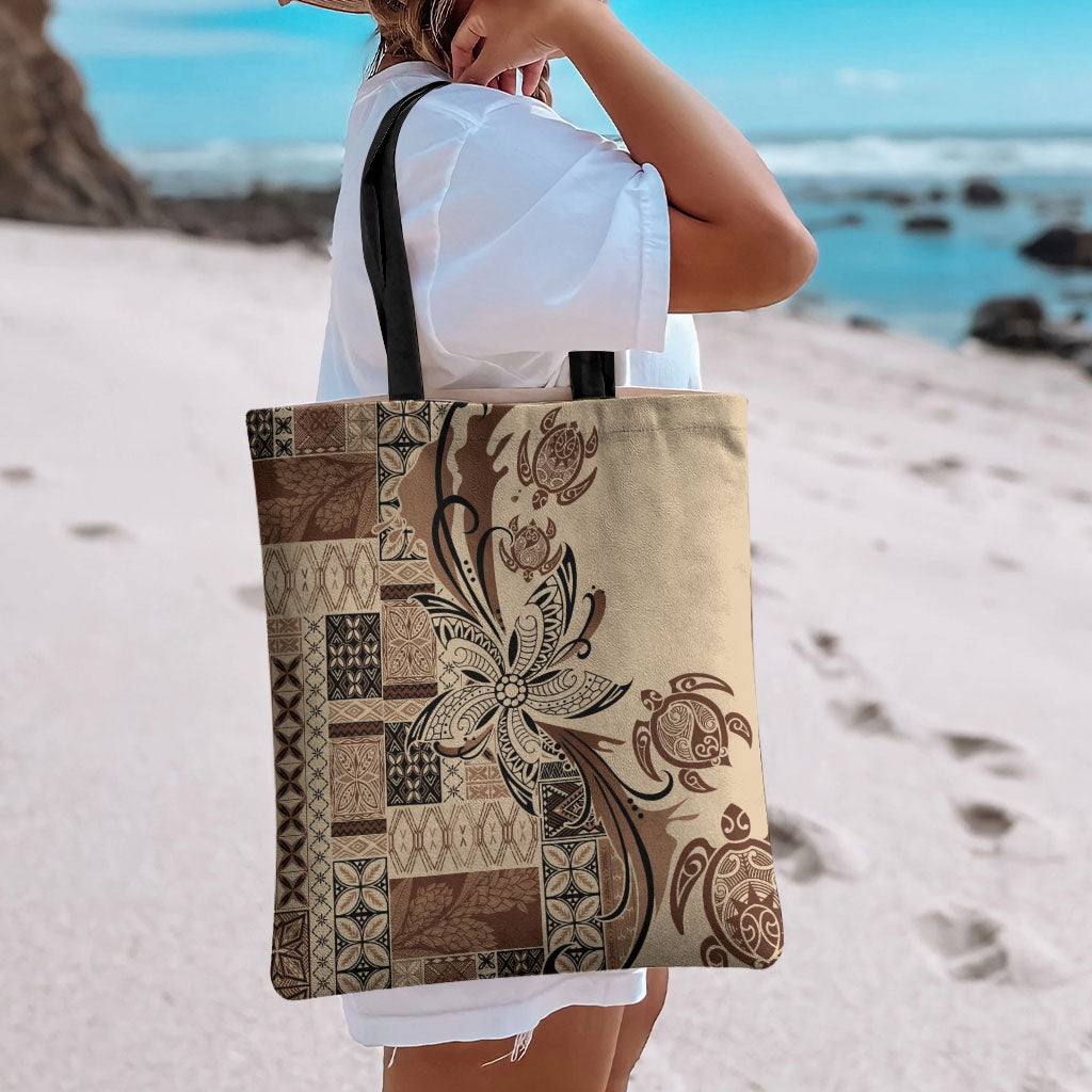 Talofa Samoa Mamanu Siapo Mix Malu Tote Bag Classic Beige Frangipani and Turtles