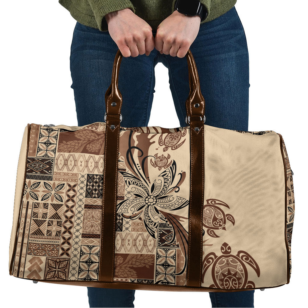 Talofa Samoa Mamanu Siapo Mix Malu Travel Bag Classic Beige Frangipani and Turtles