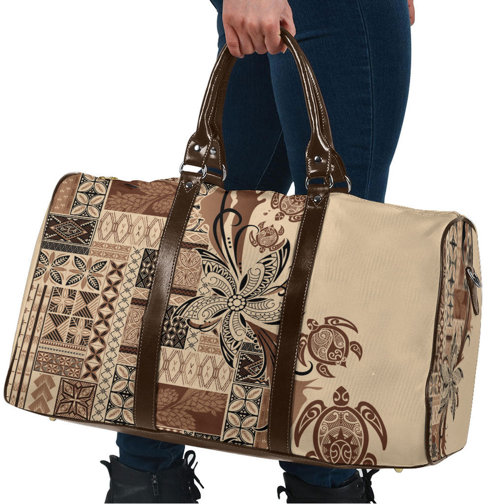 Talofa Samoa Mamanu Siapo Mix Malu Travel Bag Classic Beige Frangipani and Turtles