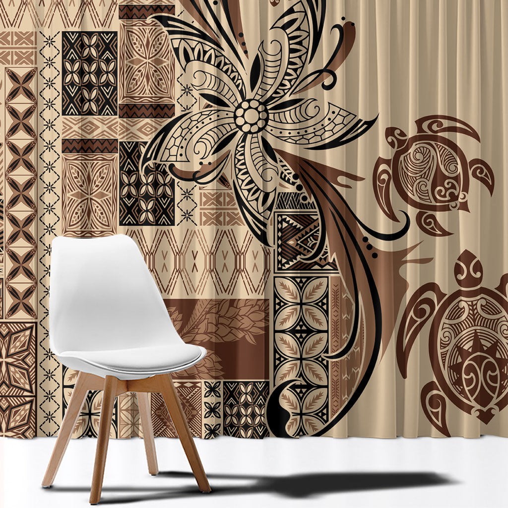 Talofa Samoa Mamanu Siapo Mix Malu Window Curtain Classic Beige Frangipani and Turtles
