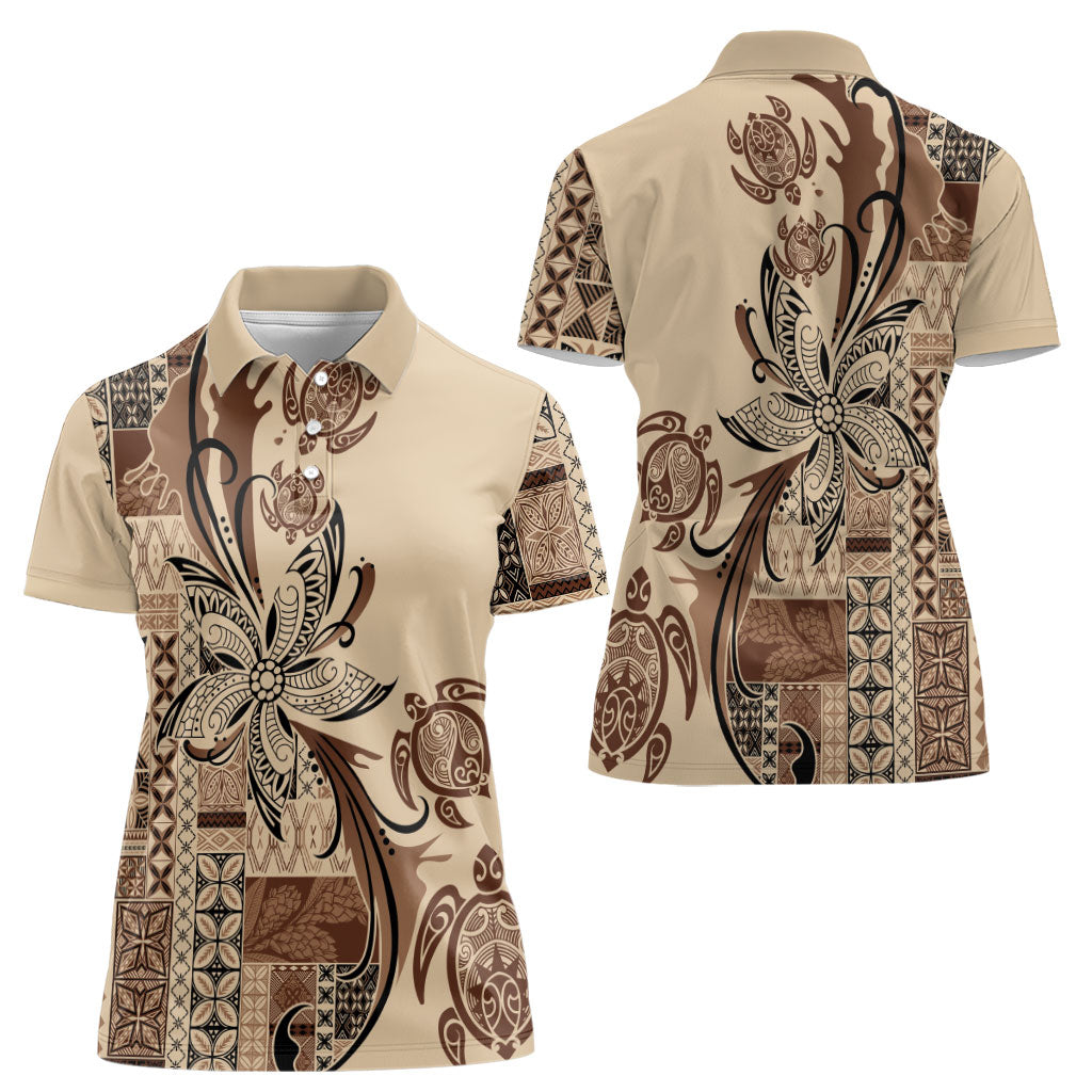 Talofa Samoa Mamanu Siapo Mix Malu Women Polo Shirt Classic Beige Frangipani and Turtles