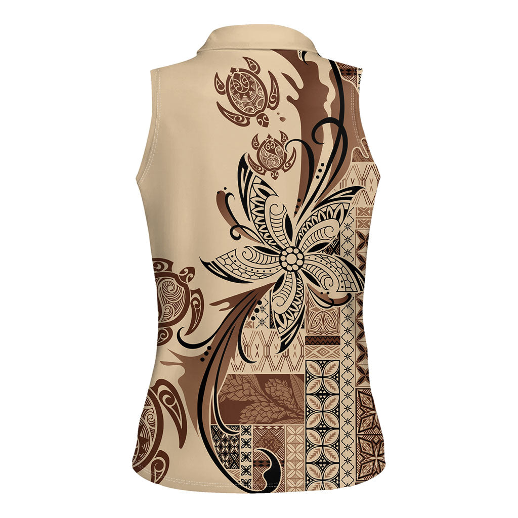 Talofa Samoa Mamanu Siapo Mix Malu Women Sleeveless Polo Shirt Classic Beige Frangipani and Turtles