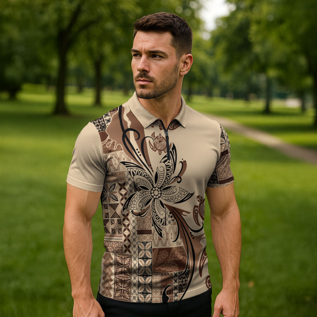 Talofa Samoa Mamanu Siapo Mix Malu Zipper Polo Shirt Classic Beige Frangipani and Turtles