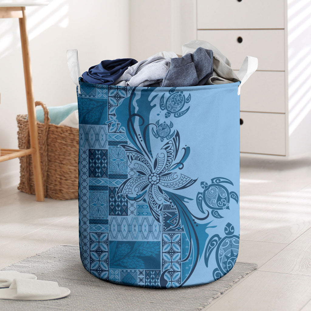 Talofa Samoa Mamanu Siapo Mix Malu Laundry Basket Cool Blue Frangipani and Turtles