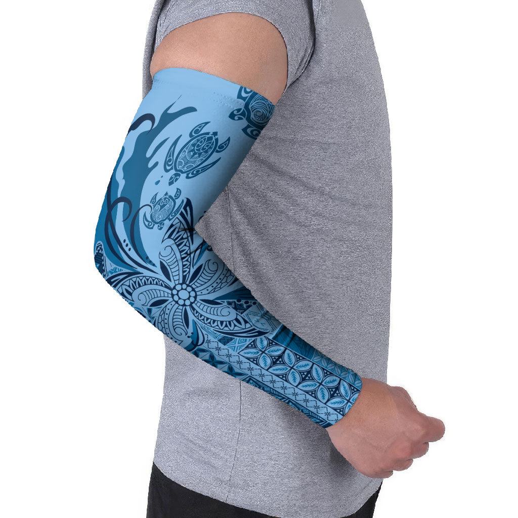 Talofa Samoa Mamanu Siapo Mix Malu Arm Sleeves Cool Blue Frangipani and Turtles