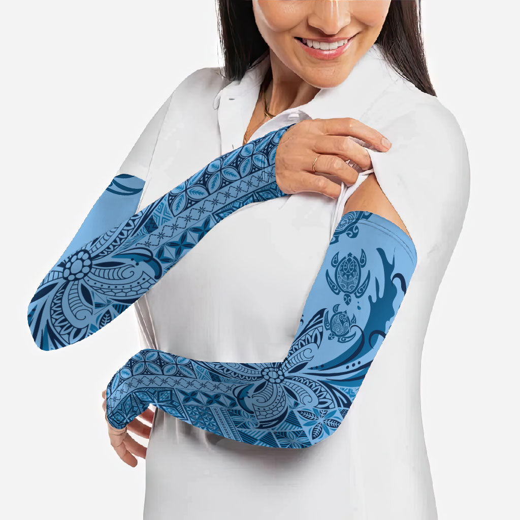Talofa Samoa Mamanu Siapo Mix Malu Arm Sleeves Cool Blue Frangipani and Turtles