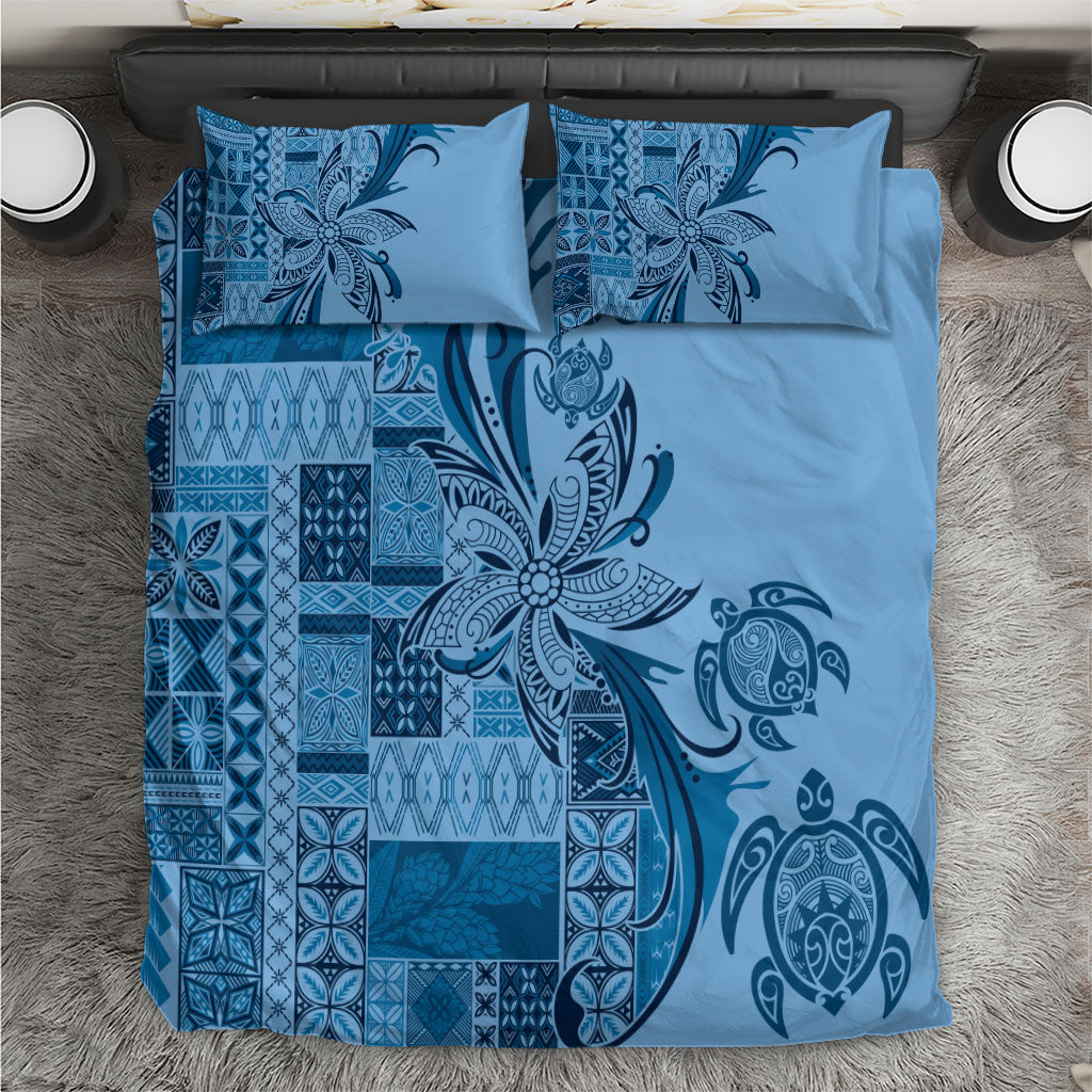 Talofa Samoa Mamanu Siapo Mix Malu Bedding Set Cool Blue Frangipani and Turtles