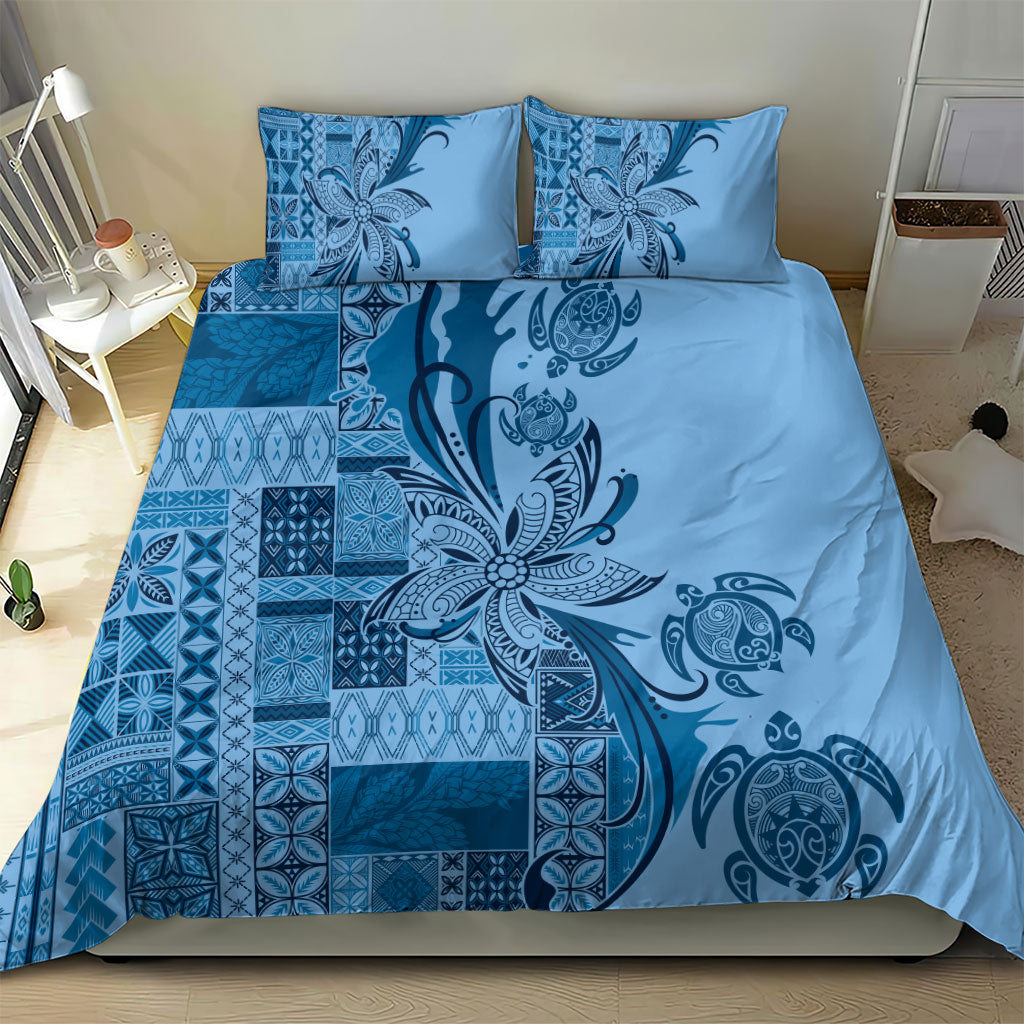 Talofa Samoa Mamanu Siapo Mix Malu Bedding Set Cool Blue Frangipani and Turtles