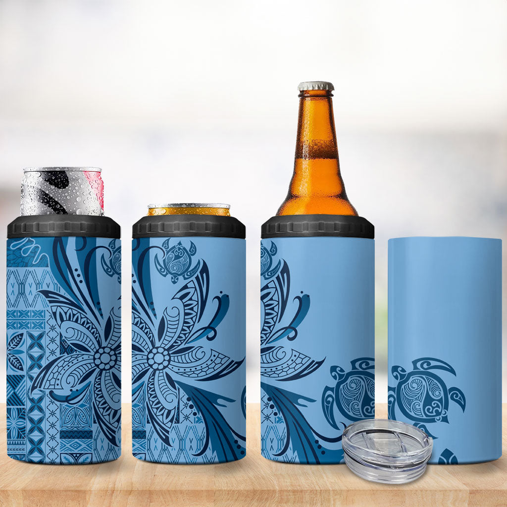 Talofa Samoa Mamanu Siapo Mix Malu 4 in 1 Can Cooler Tumbler Cool Blue Frangipani and Turtles