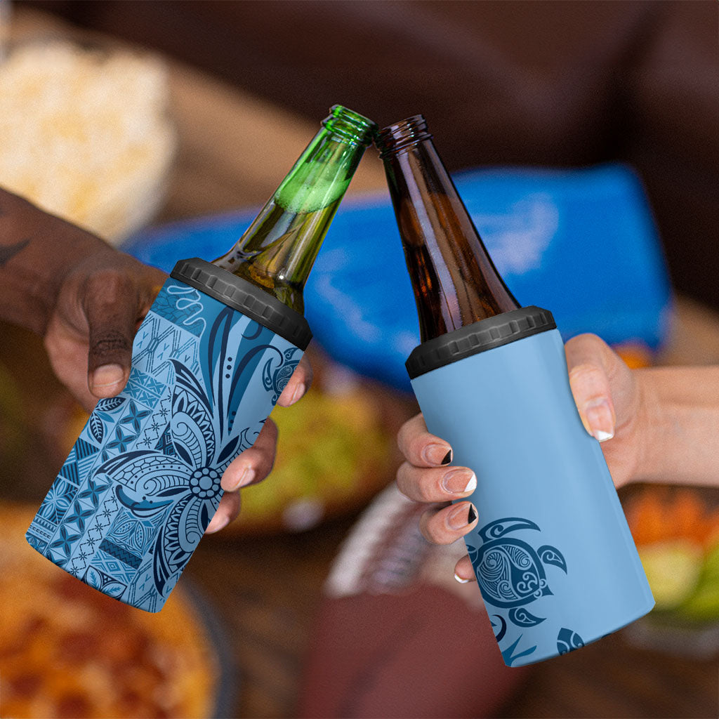 Talofa Samoa Mamanu Siapo Mix Malu 4 in 1 Can Cooler Tumbler Cool Blue Frangipani and Turtles