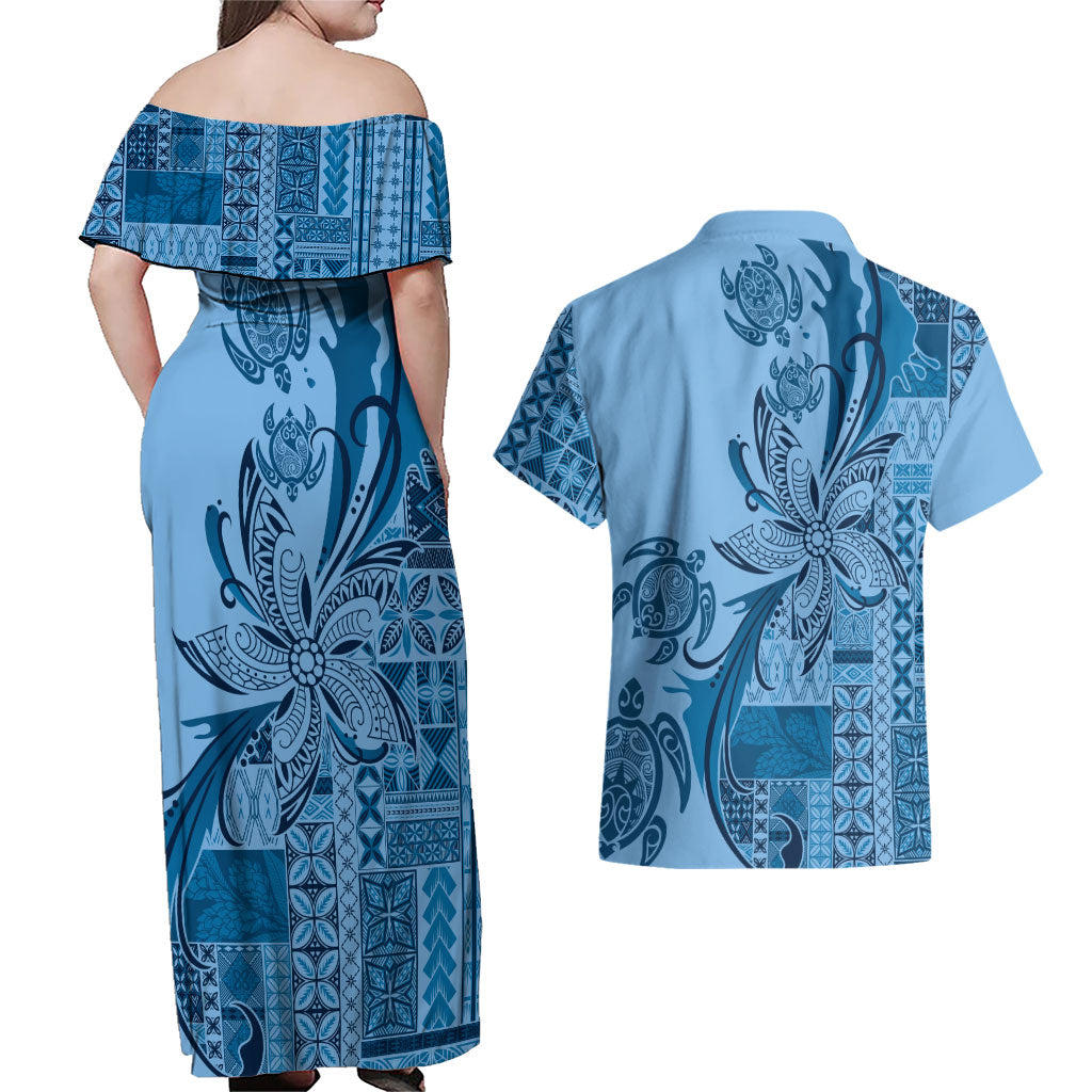 Talofa Samoa Mamanu Siapo Mix Malu Couples Matching Off Shoulder Maxi Dress and Hawaiian Shirt Cool Blue Frangipani and Turtles