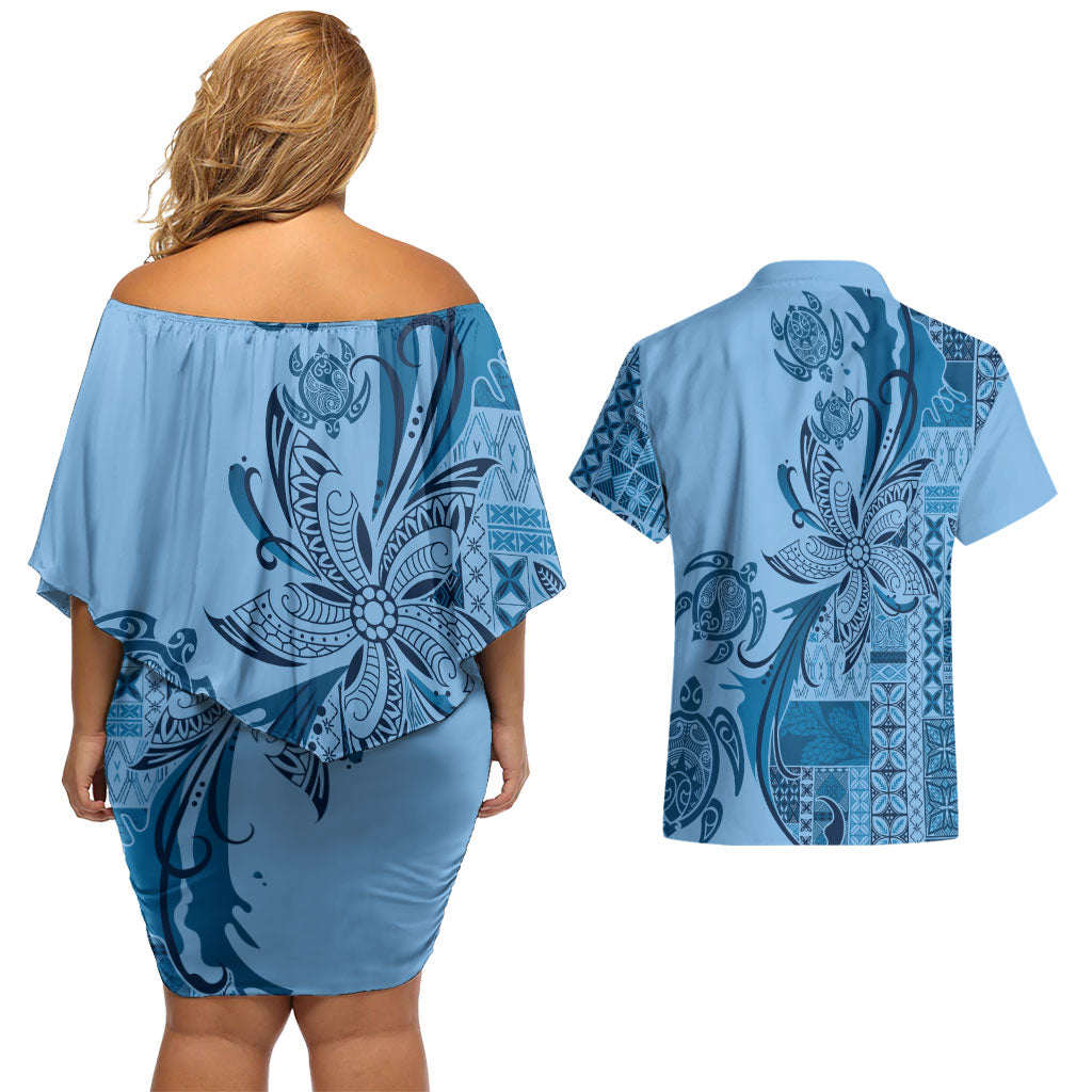 Talofa Samoa Mamanu Siapo Mix Malu Couples Matching Off Shoulder Short Dress and Hawaiian Shirt Cool Blue Frangipani and Turtles