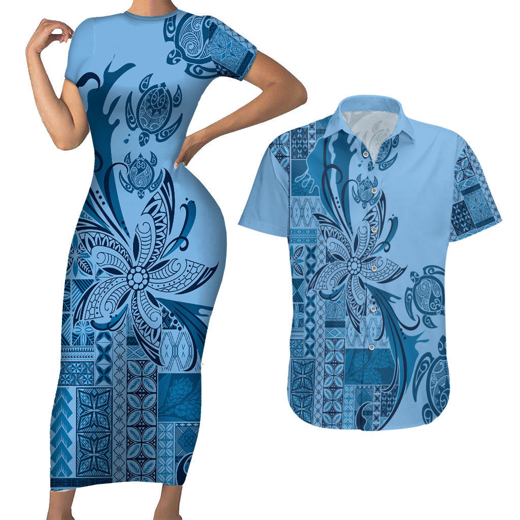 Talofa Samoa Mamanu Siapo Mix Malu Couples Matching Short Sleeve Bodycon Dress and Hawaiian Shirt Cool Blue Frangipani and Turtles