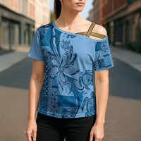Talofa Samoa Mamanu Siapo Mix Malu Cross Shoulder Shirt Cool Blue Frangipani and Turtles