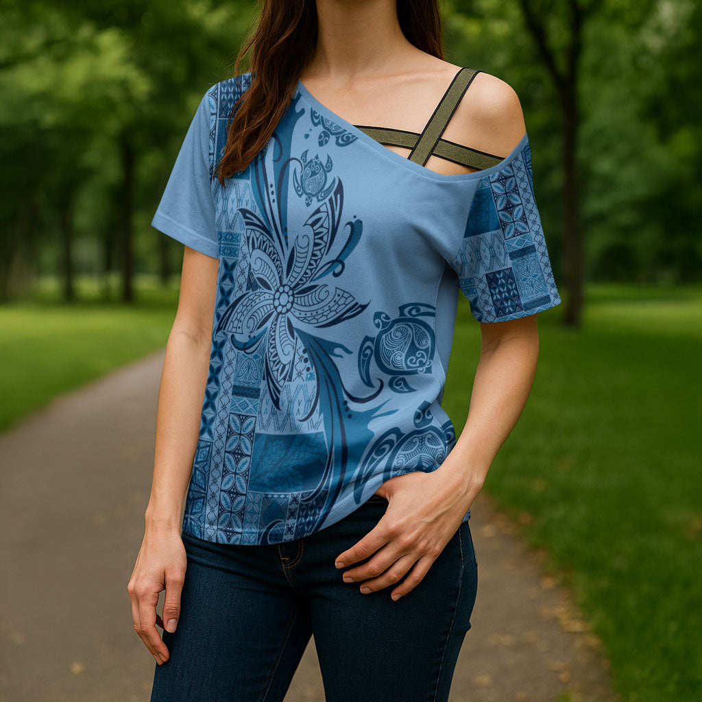 Talofa Samoa Mamanu Siapo Mix Malu Cross Shoulder Shirt Cool Blue Frangipani and Turtles