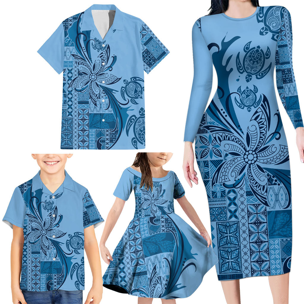 Talofa Samoa Mamanu Siapo Mix Malu Family Matching Long Sleeve Bodycon Dress and Hawaiian Shirt Cool Blue Frangipani and Turtles