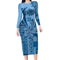 Talofa Samoa Mamanu Siapo Mix Malu Family Matching Long Sleeve Bodycon Dress and Hawaiian Shirt Cool Blue Frangipani and Turtles LT7 Mom's Dress Blue - Polynesian Pride