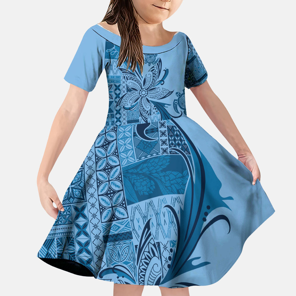 Talofa Samoa Mamanu Siapo Mix Malu Family Matching Off The Shoulder Long Sleeve Dress and Hawaiian Shirt Cool Blue Frangipani and Turtles LT7 Daughter's Dress Blue - Polynesian Pride