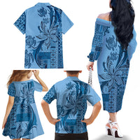 Talofa Samoa Mamanu Siapo Mix Malu Family Matching Off The Shoulder Long Sleeve Dress and Hawaiian Shirt Cool Blue Frangipani and Turtles LT7 - Polynesian Pride