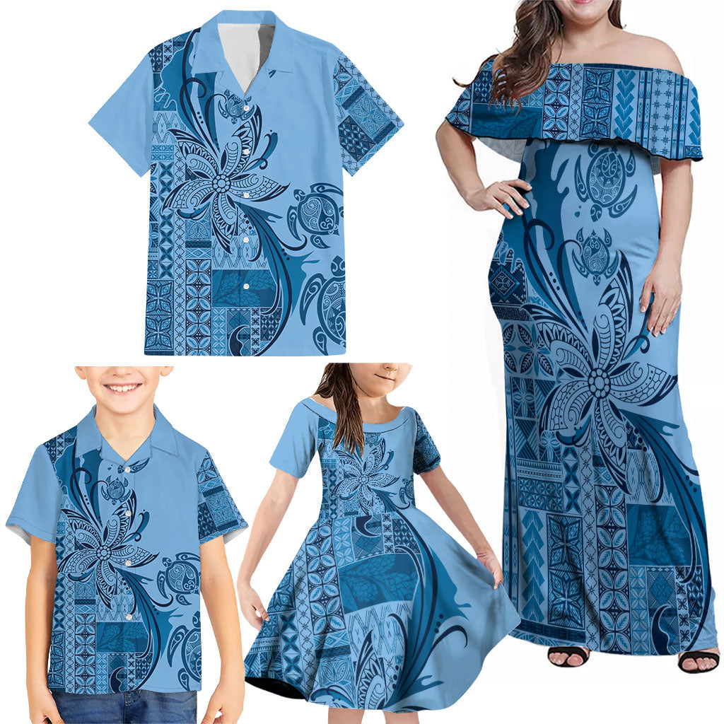 Talofa Samoa Mamanu Siapo Mix Malu Family Matching Off Shoulder Maxi Dress and Hawaiian Shirt Cool Blue Frangipani and Turtles LT7 - Polynesian Pride