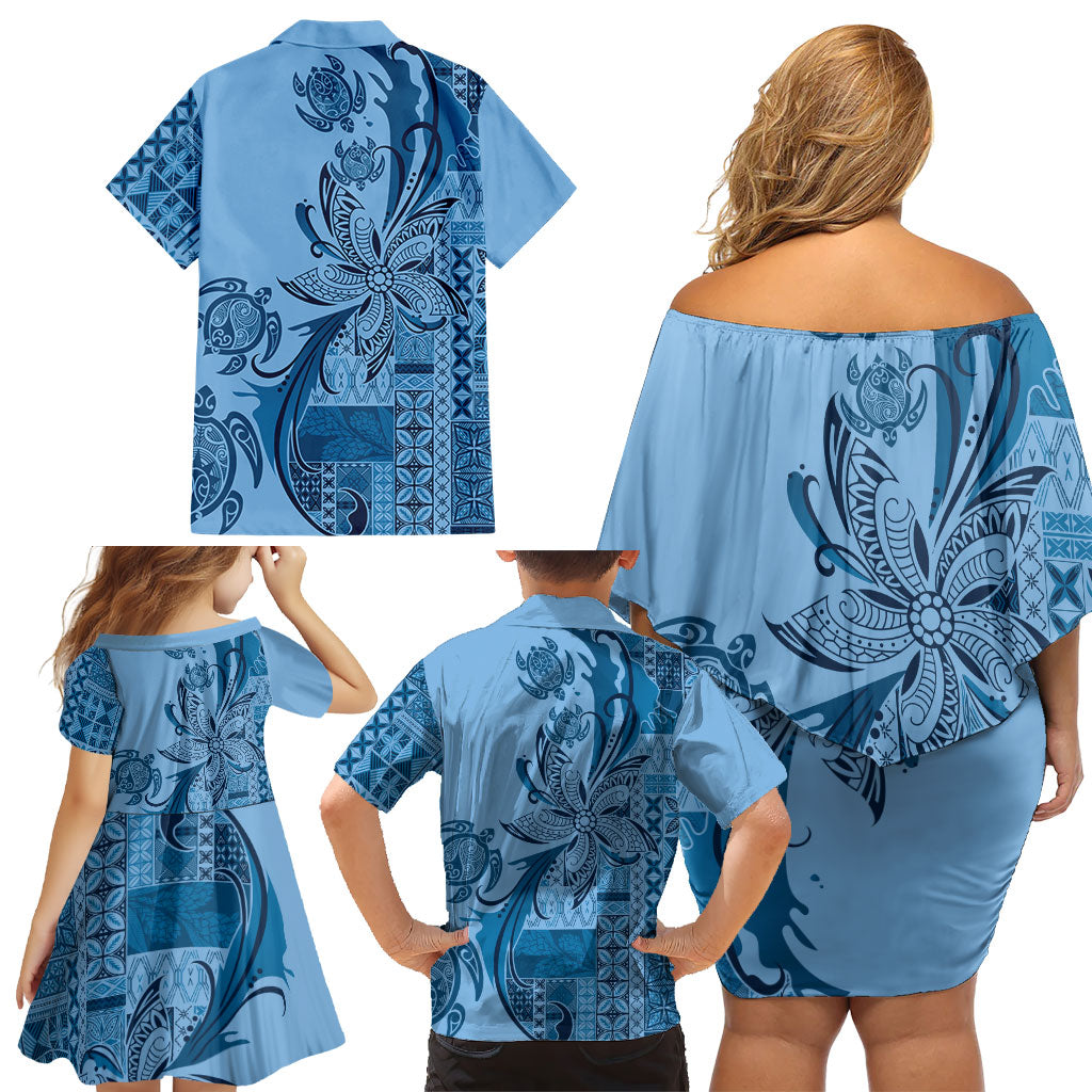 Talofa Samoa Mamanu Siapo Mix Malu Family Matching Off Shoulder Short Dress and Hawaiian Shirt Cool Blue Frangipani and Turtles LT7 - Polynesian Pride